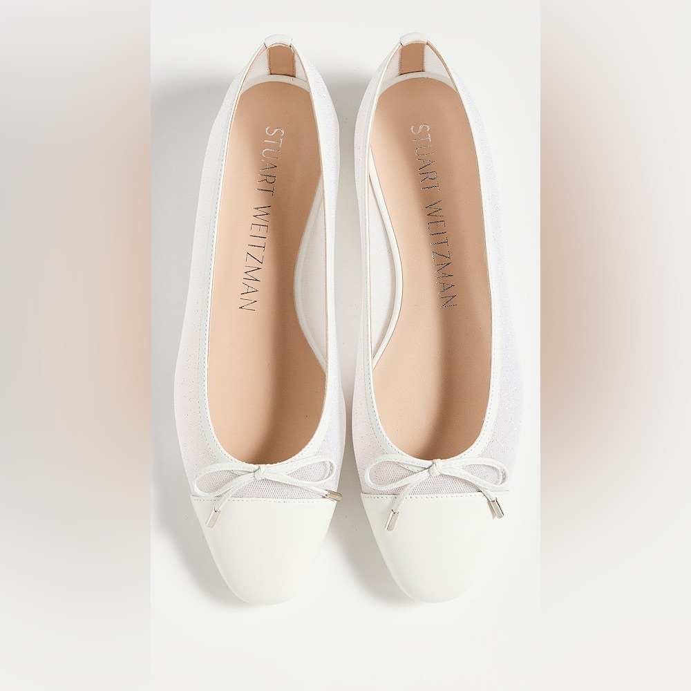 NWOT Stuart Weitzman Sleek Cap Toe Bow Ballet Flats - White and Silver Size 9.5